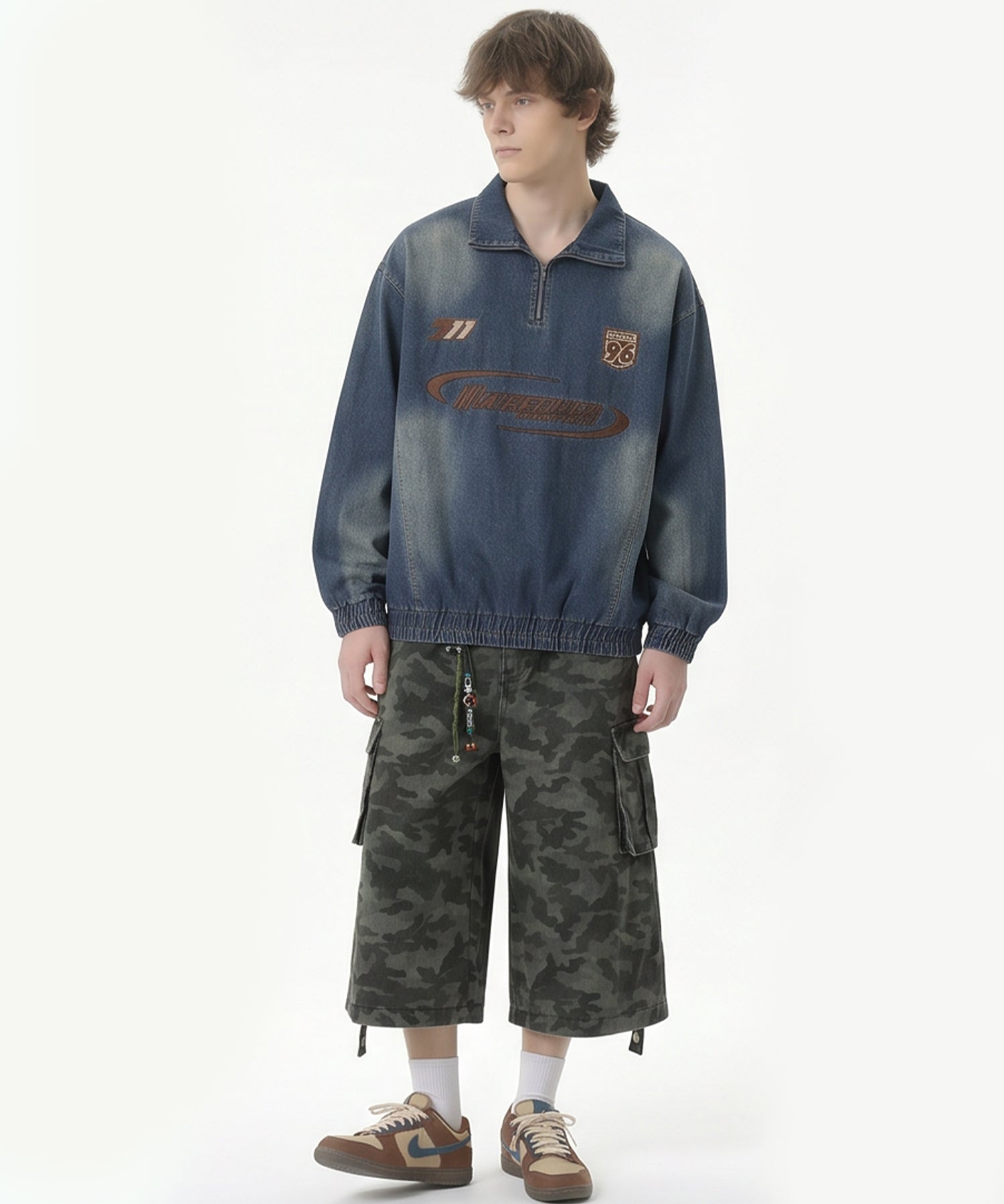 HOOK -select- Racing Embroidered Washed Denim Half-Zip