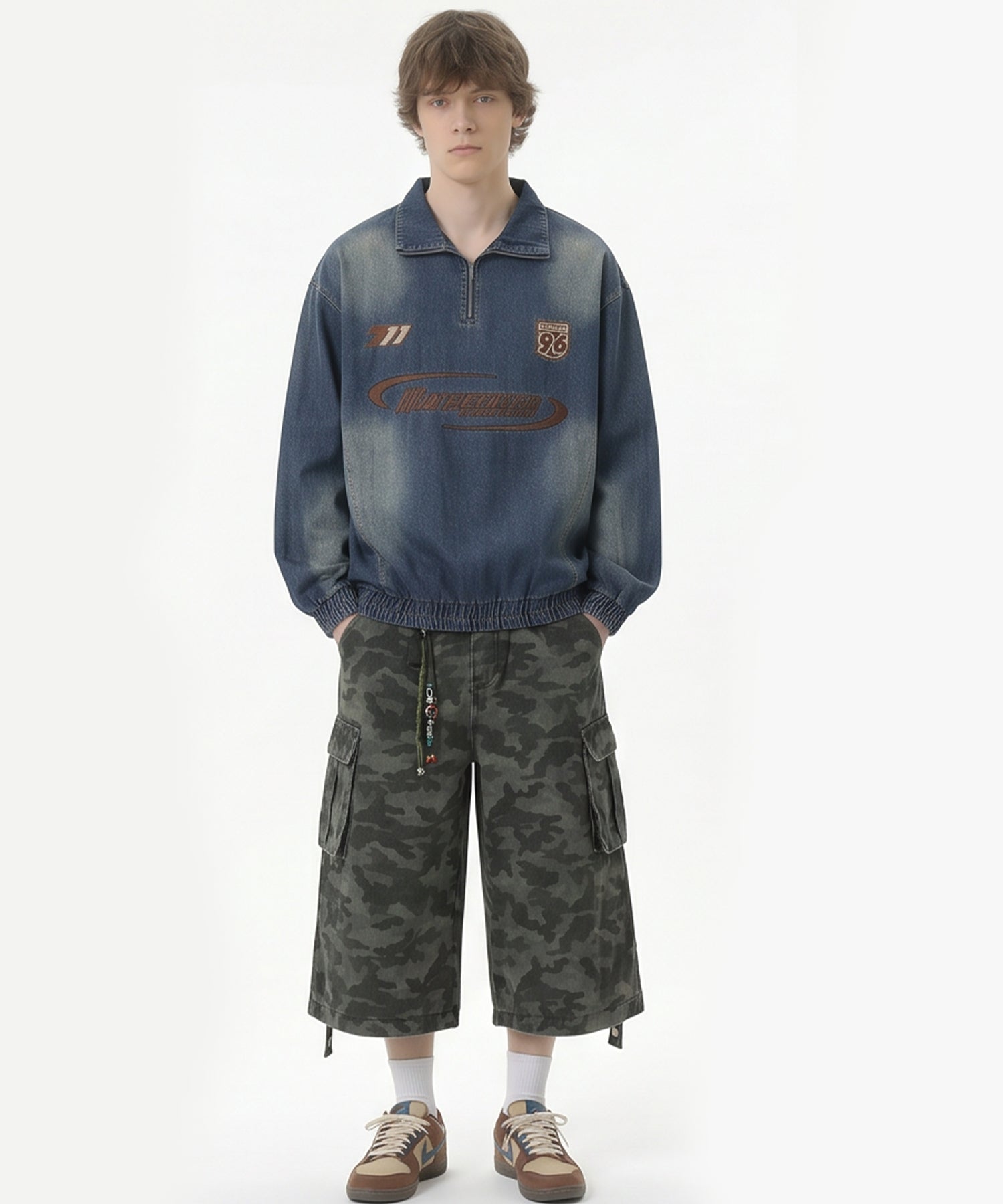 HOOK -select- Racing Embroidered Washed Denim Half-Zip