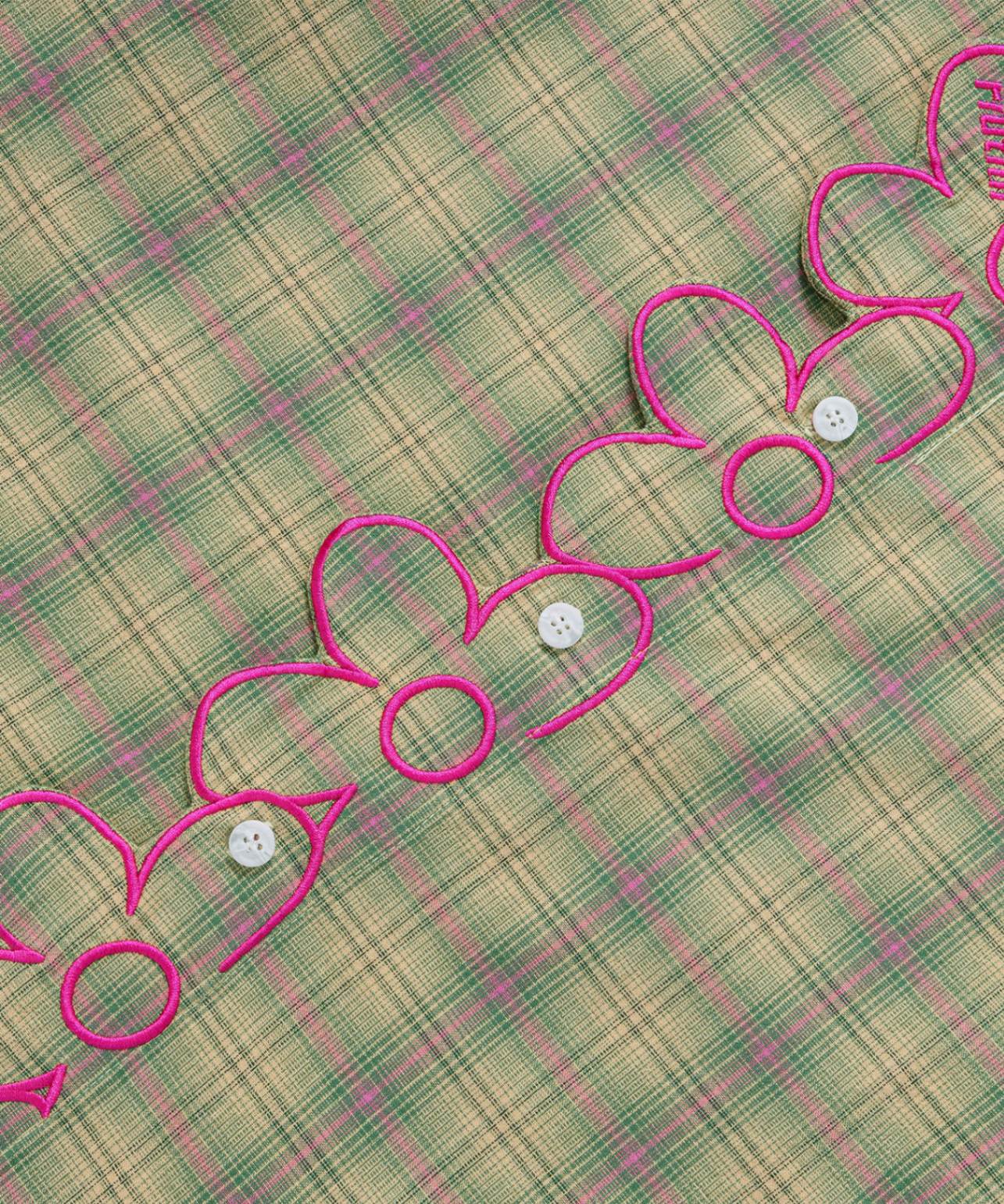 HOOK for girls　レース襟 フラワー刺繍半袖チェックシャツ