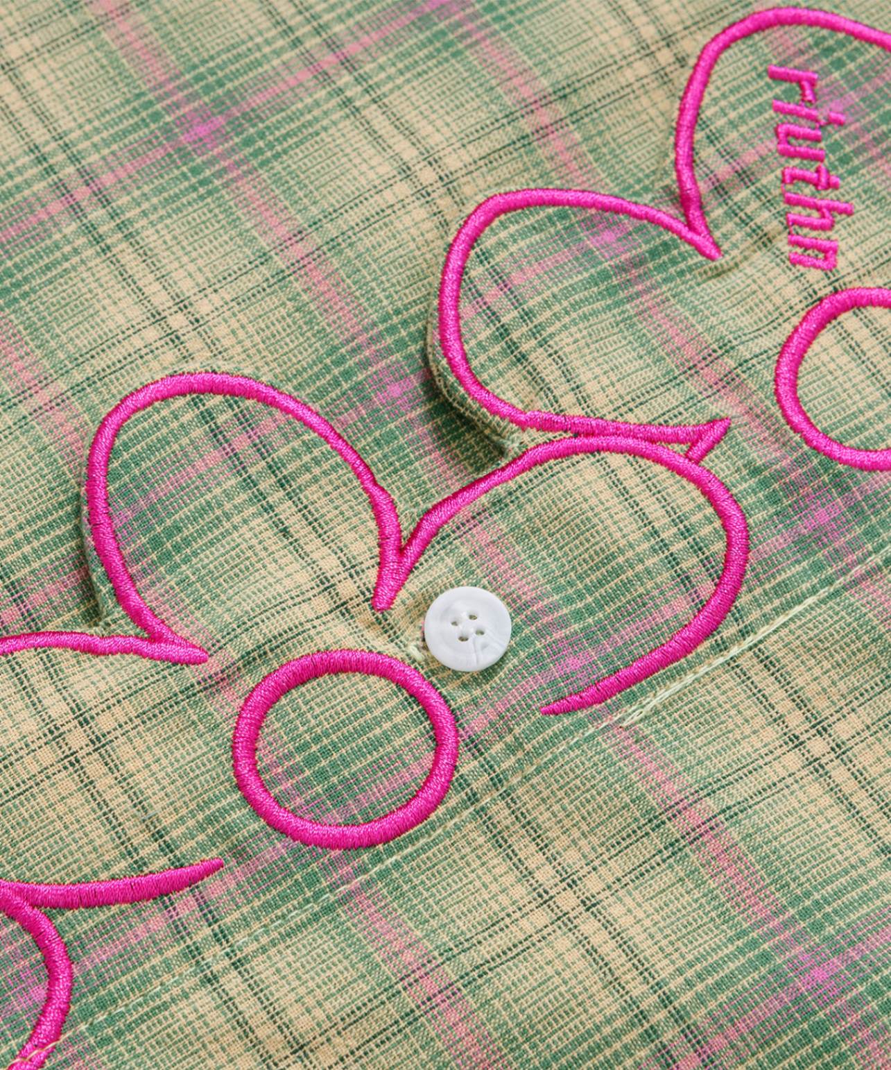 HOOK for girls　レース襟 フラワー刺繍半袖チェックシャツ