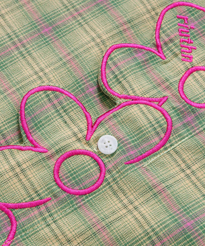 HOOK for girls　レース襟 フラワー刺繍半袖チェックシャツ