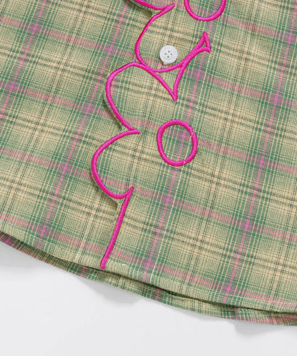 HOOK for girls　レース襟 フラワー刺繍半袖チェックシャツ