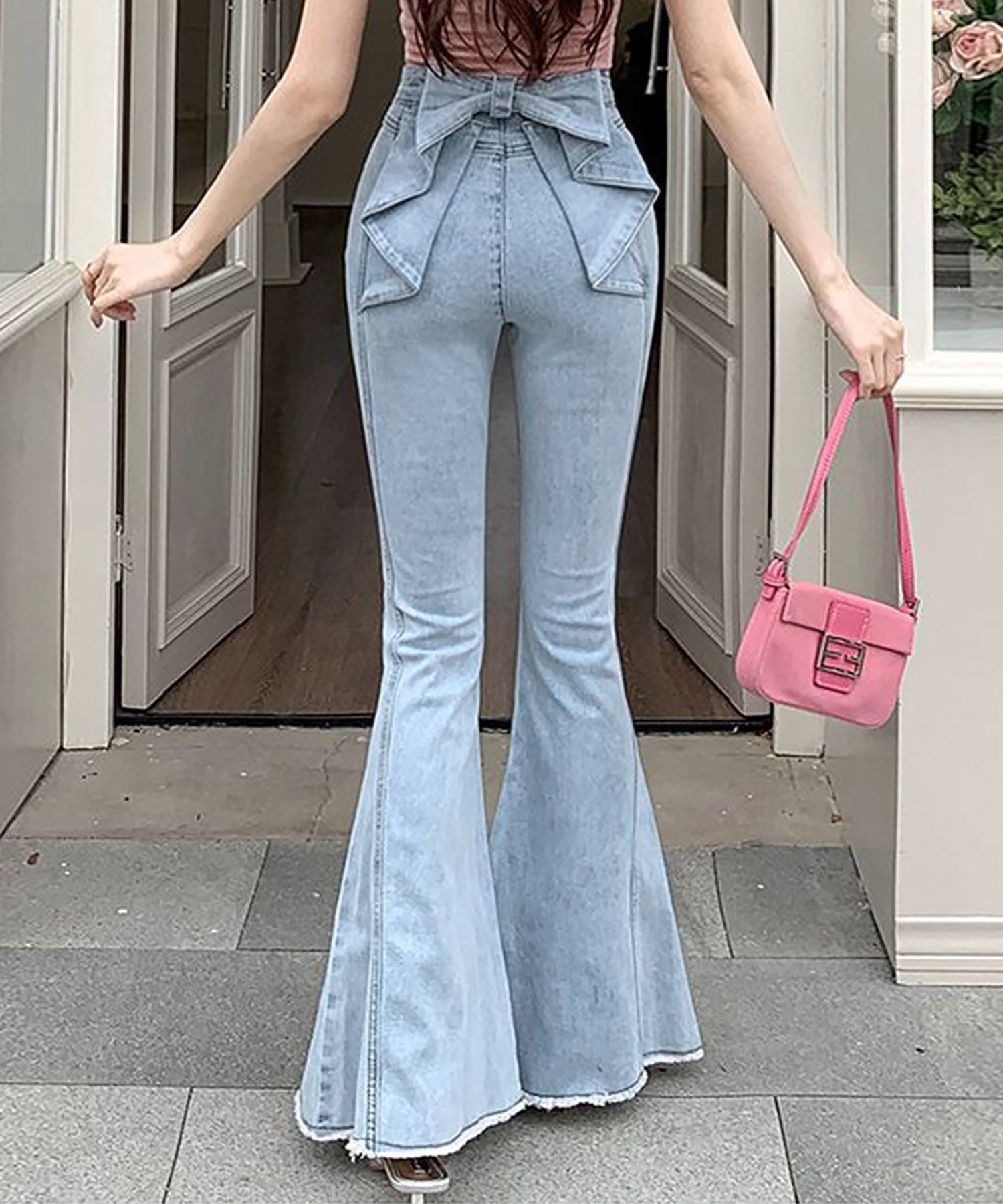 【Jasmine】バックリボンベルボトムデニムパンツ