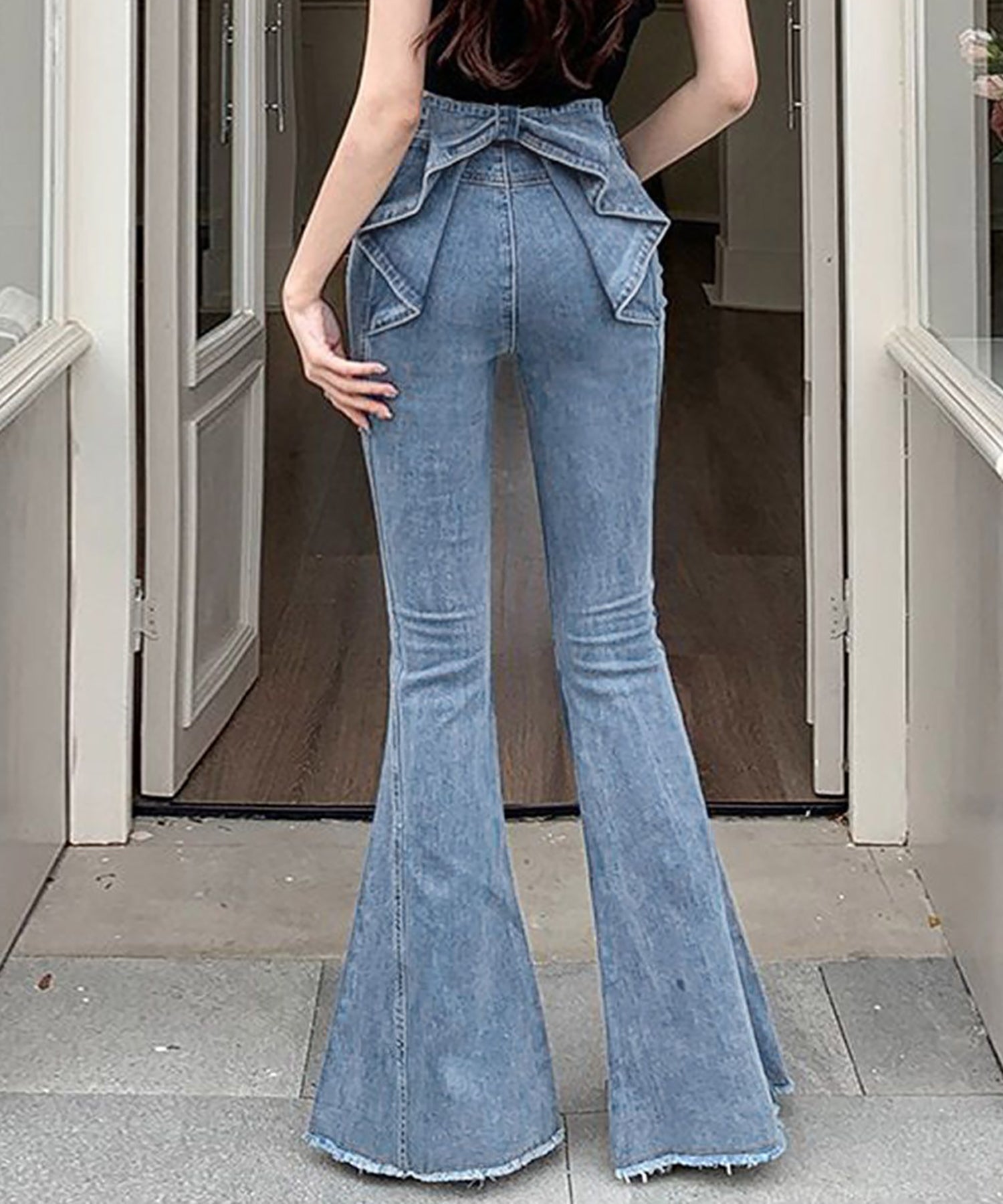 【Jasmine】バックリボンベルボトムデニムパンツ