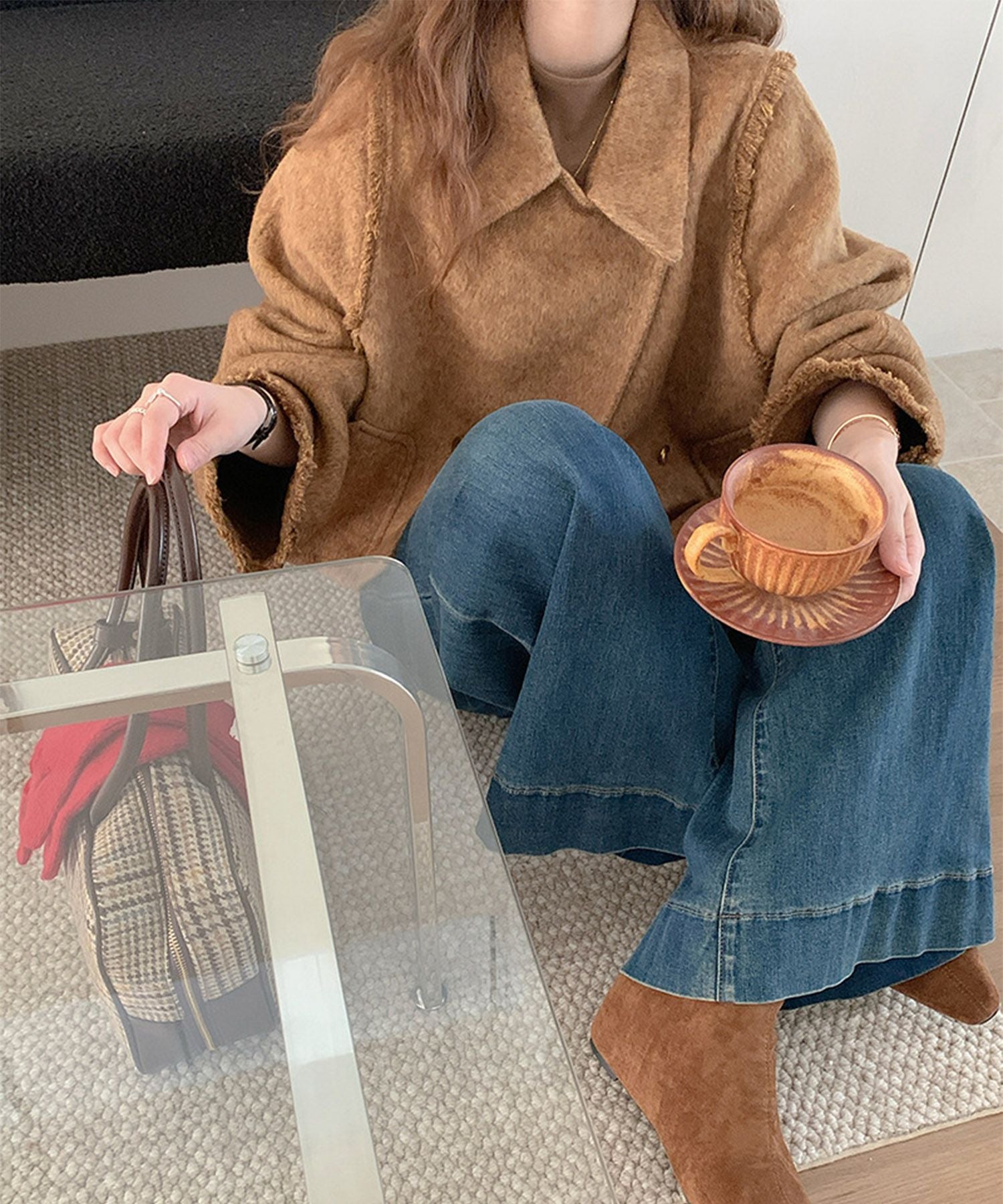 【Jasmine】フリンジリバーウールコート ショート丈