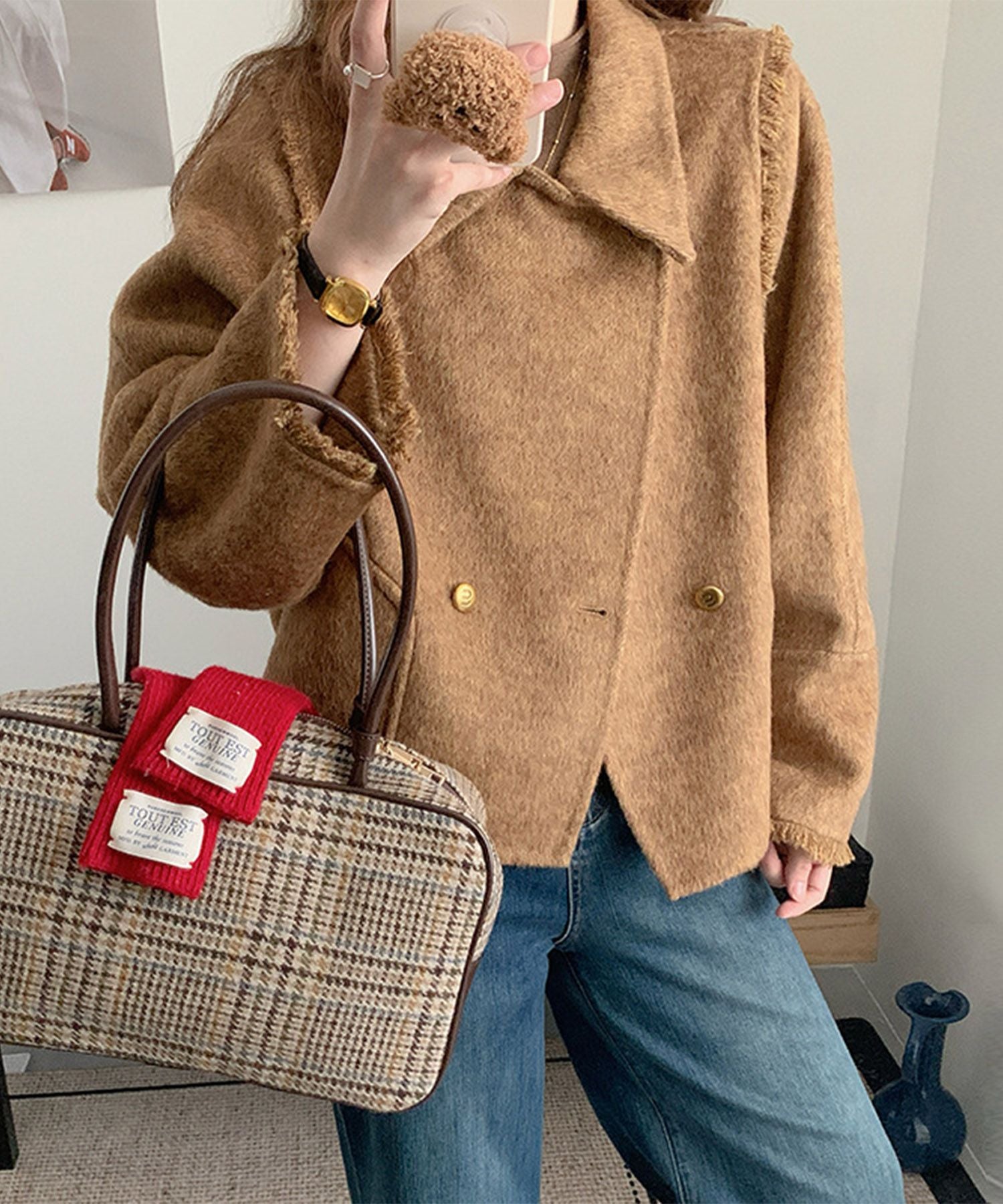 【Jasmine】フリンジリバーウールコート ショート丈