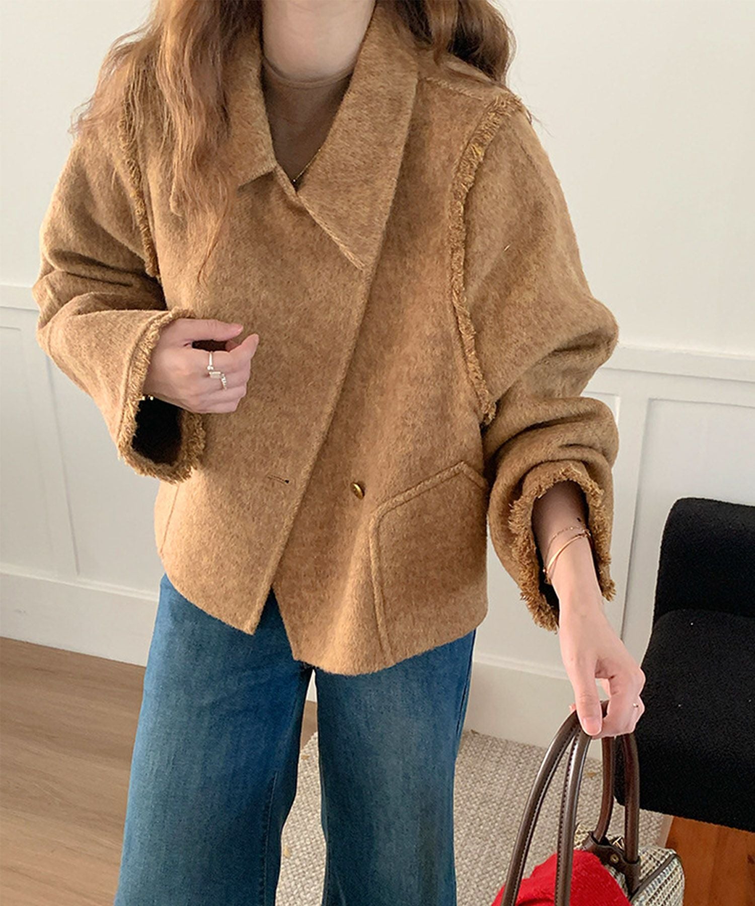 【Jasmine】フリンジリバーウールコート ショート丈