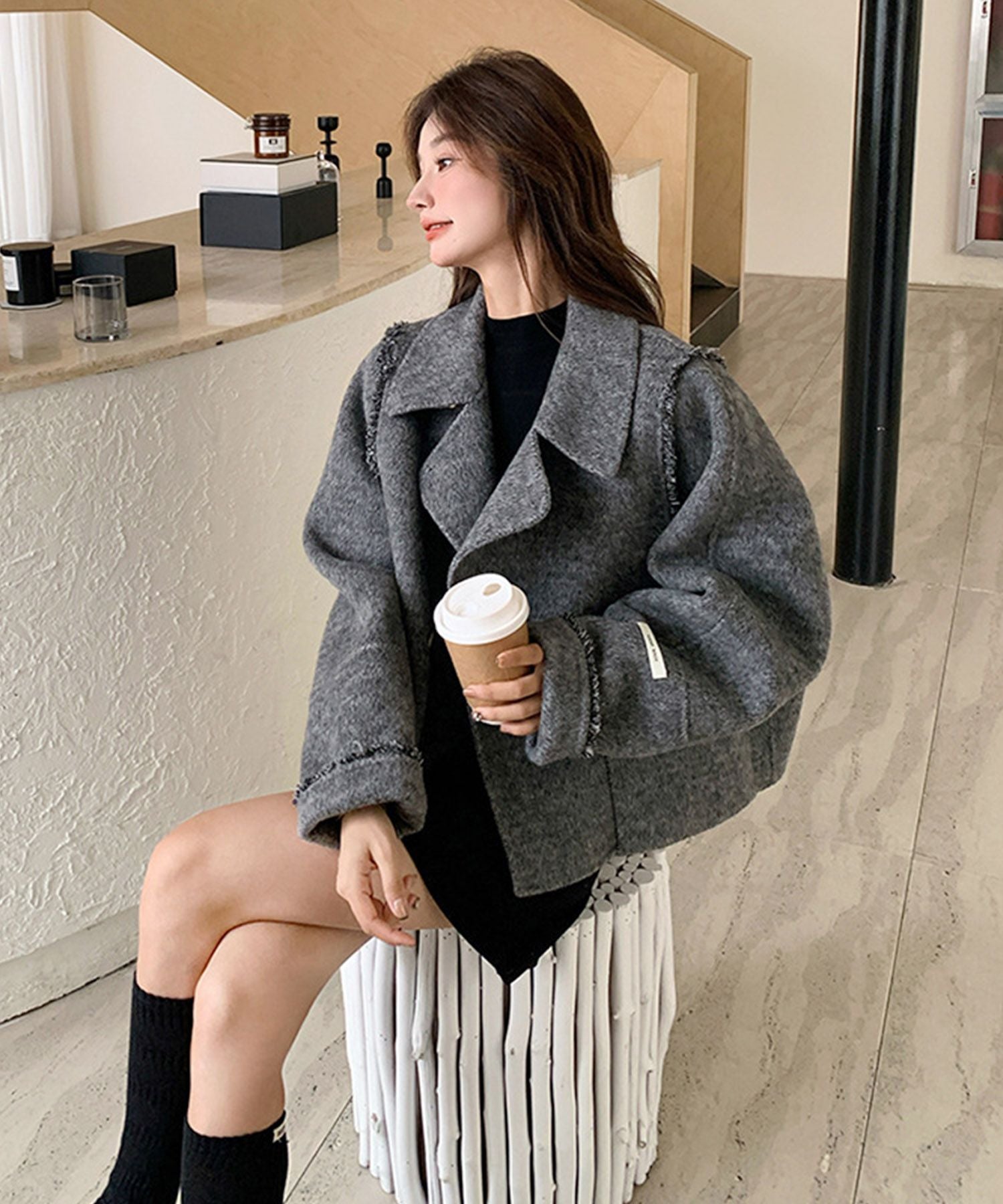 【Jasmine】フリンジリバーウールコート ショート丈