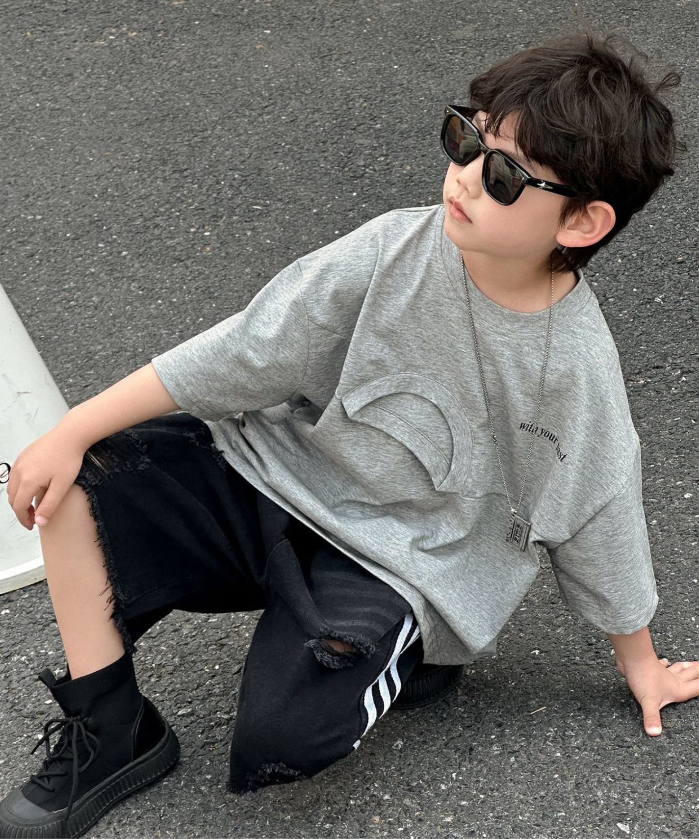 【aimoha-KIDS-】逆さネックデザインTシャツ