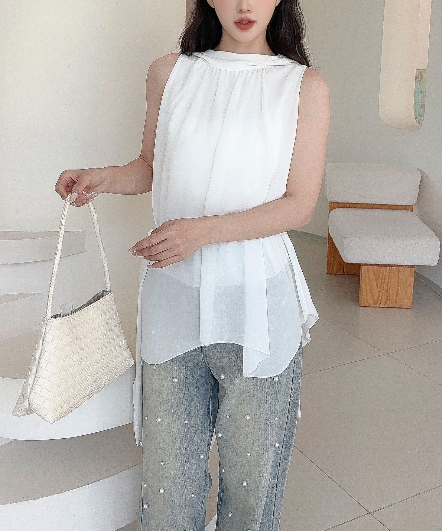 【Jasmine】ノースリーブシフォンリボンタイブラウス