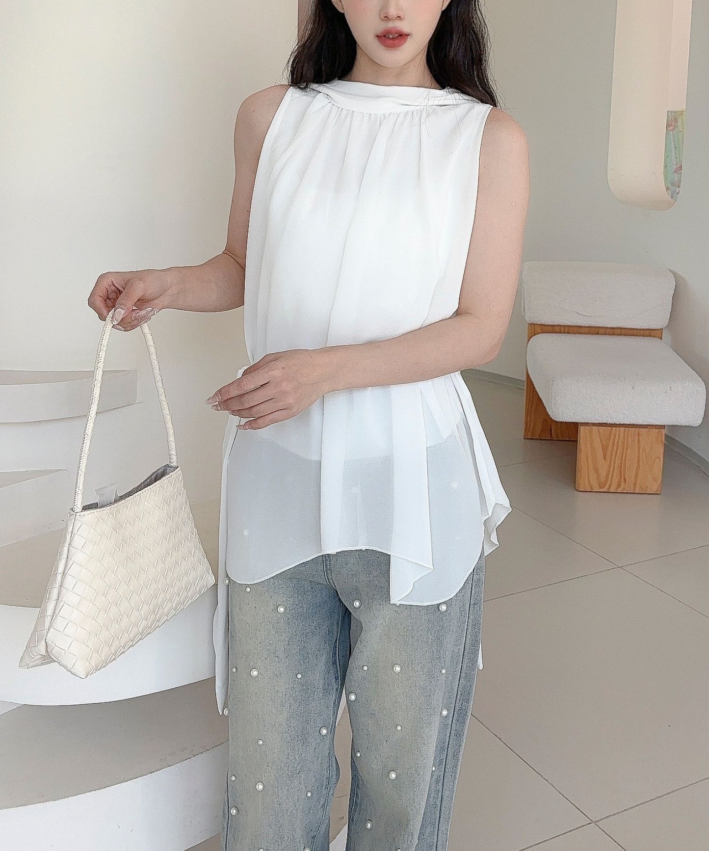 【Jasmine】ノースリーブシフォンリボンタイブラウス