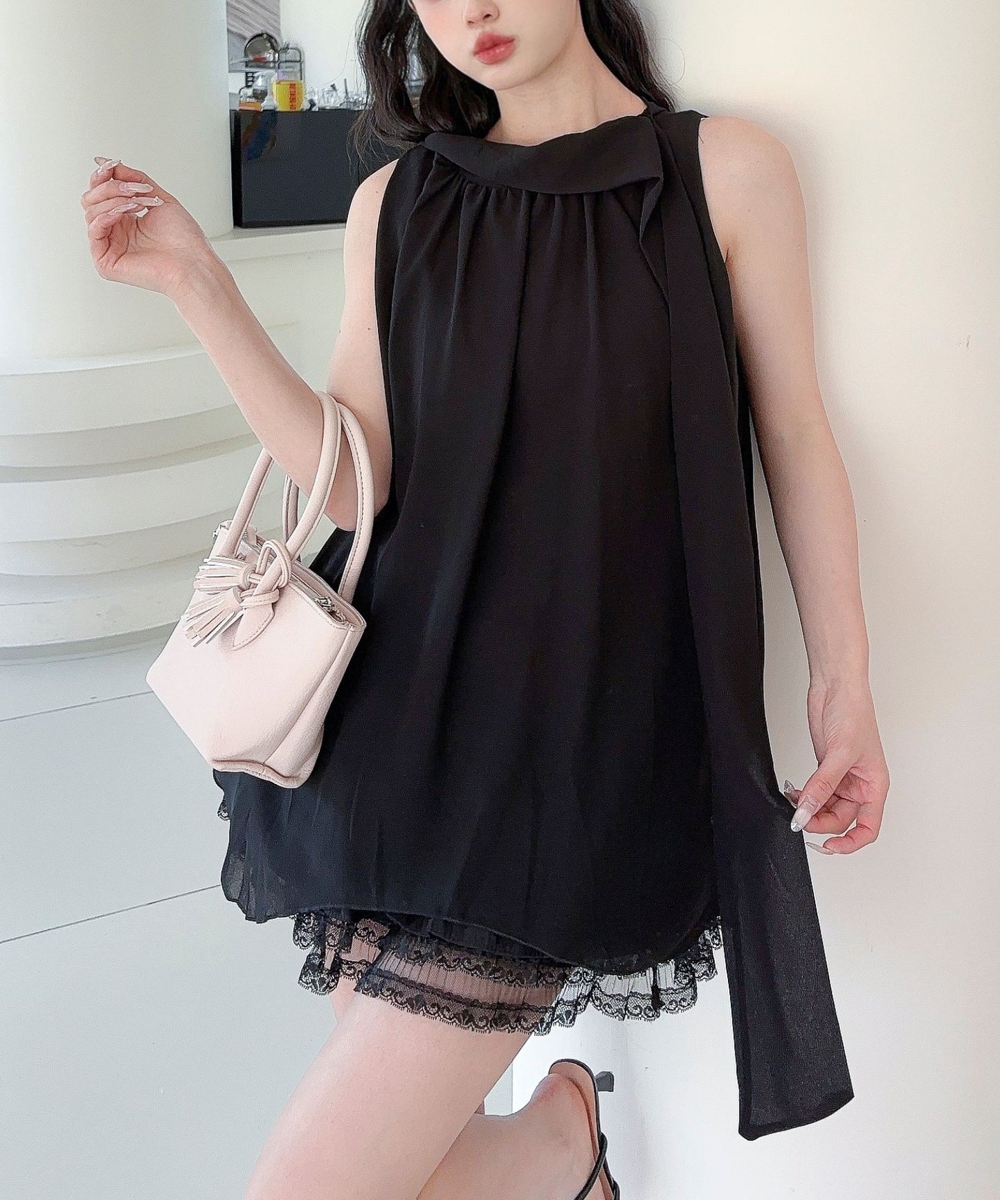 【Jasmine】ノースリーブシフォンリボンタイブラウス