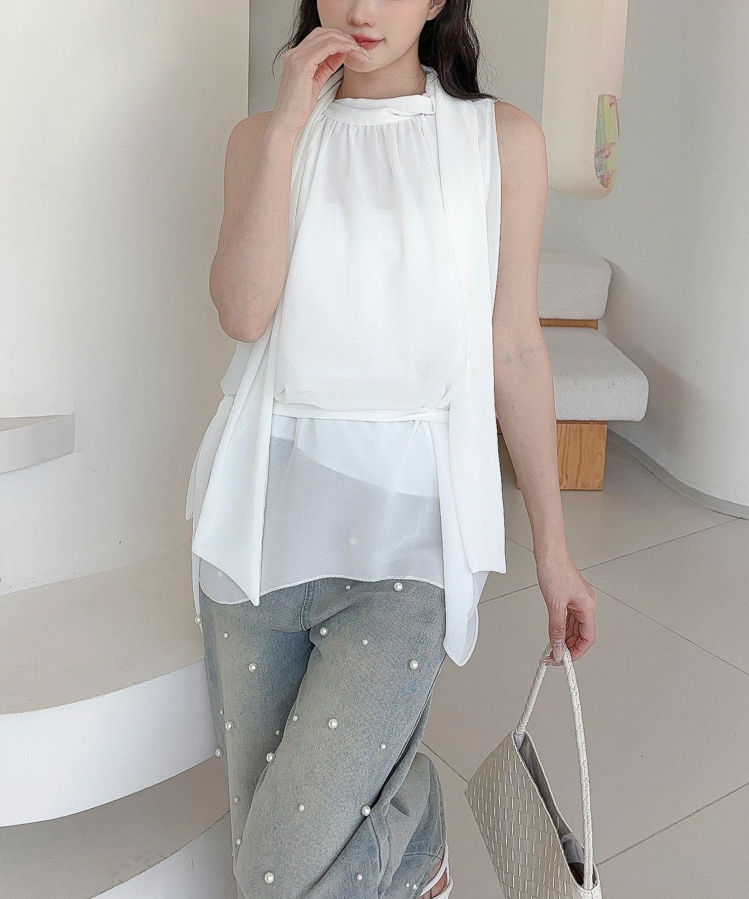 【Jasmine】ノースリーブシフォンリボンタイブラウス