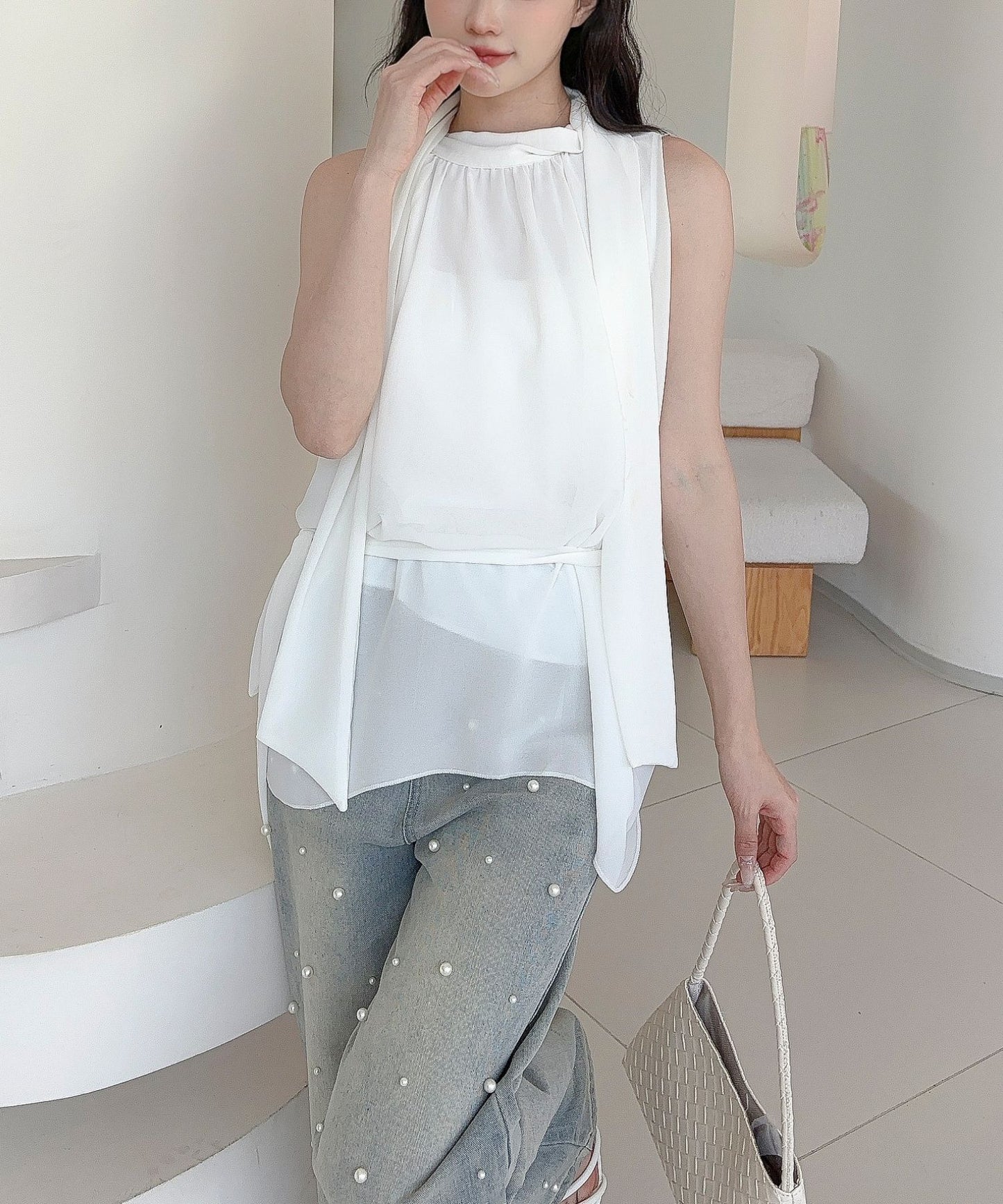 【Jasmine】ノースリーブシフォンリボンタイブラウス
