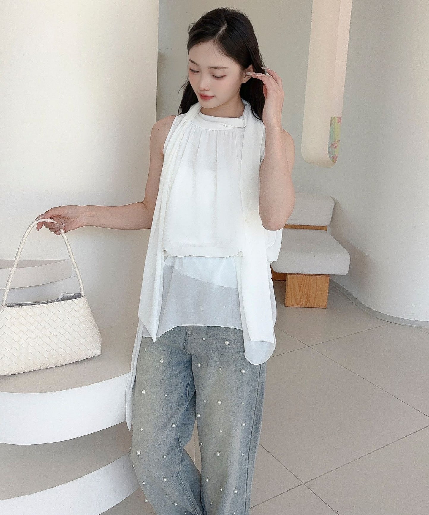 【Jasmine】ノースリーブシフォンリボンタイブラウス