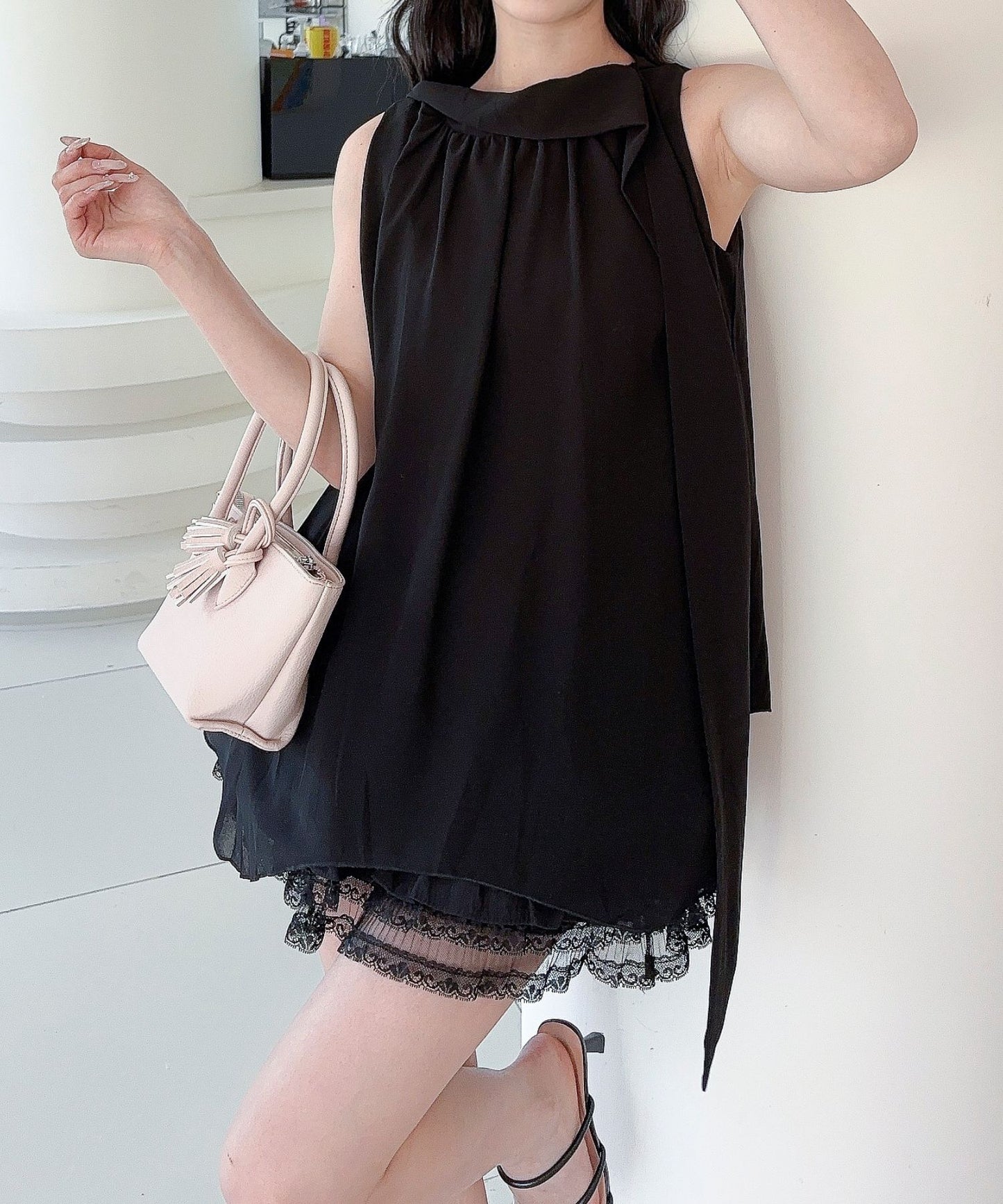 【Jasmine】ノースリーブシフォンリボンタイブラウス