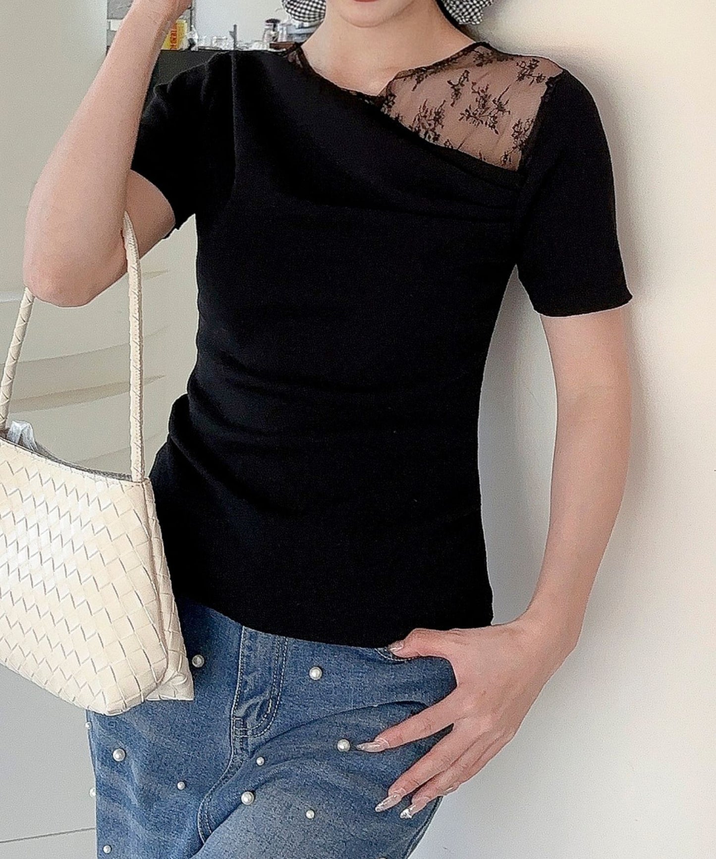 【Jasmine】レース切り替えアシメトリーデザインTシャツ