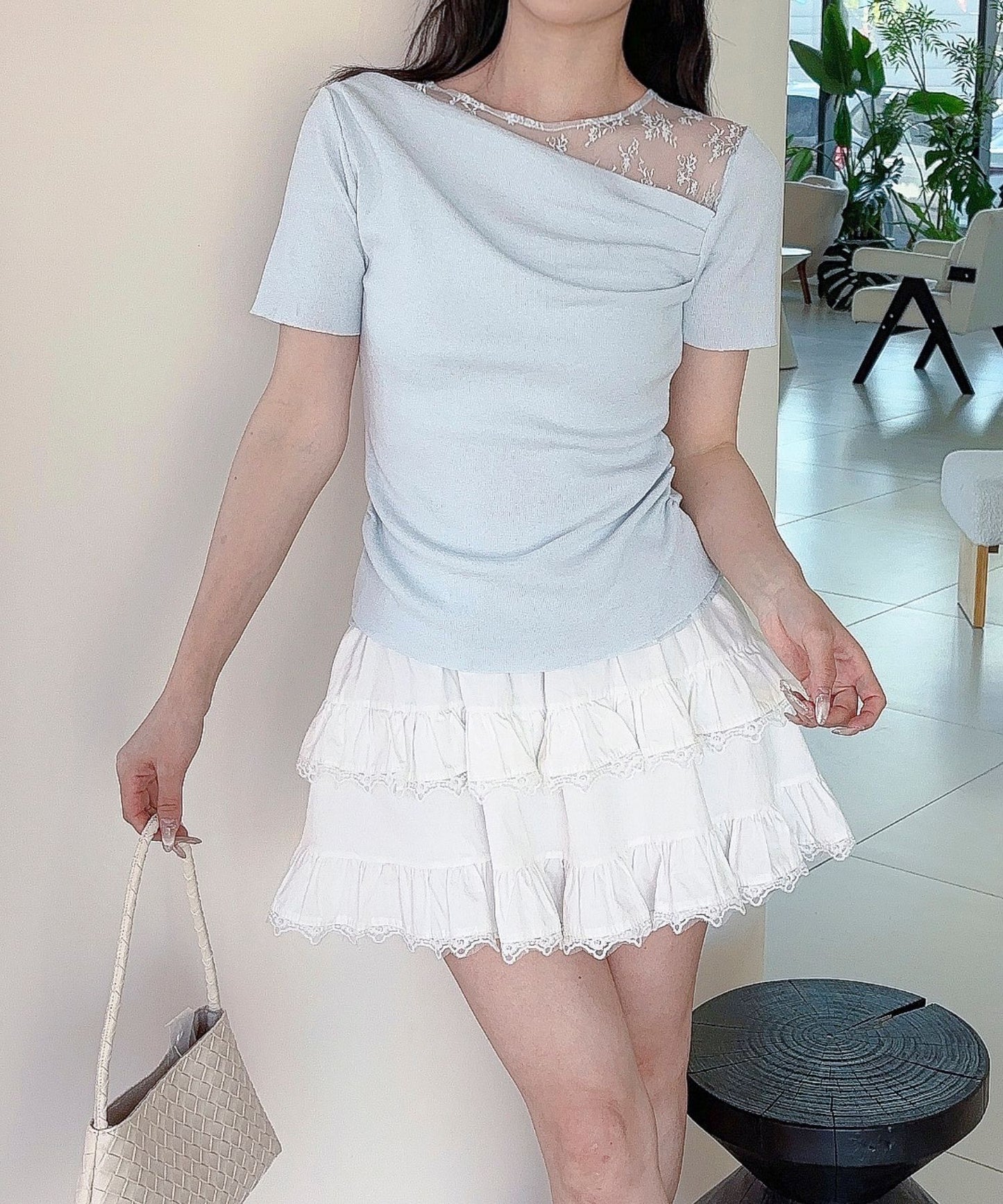 【Jasmine】レース切り替えアシメトリーデザインTシャツ