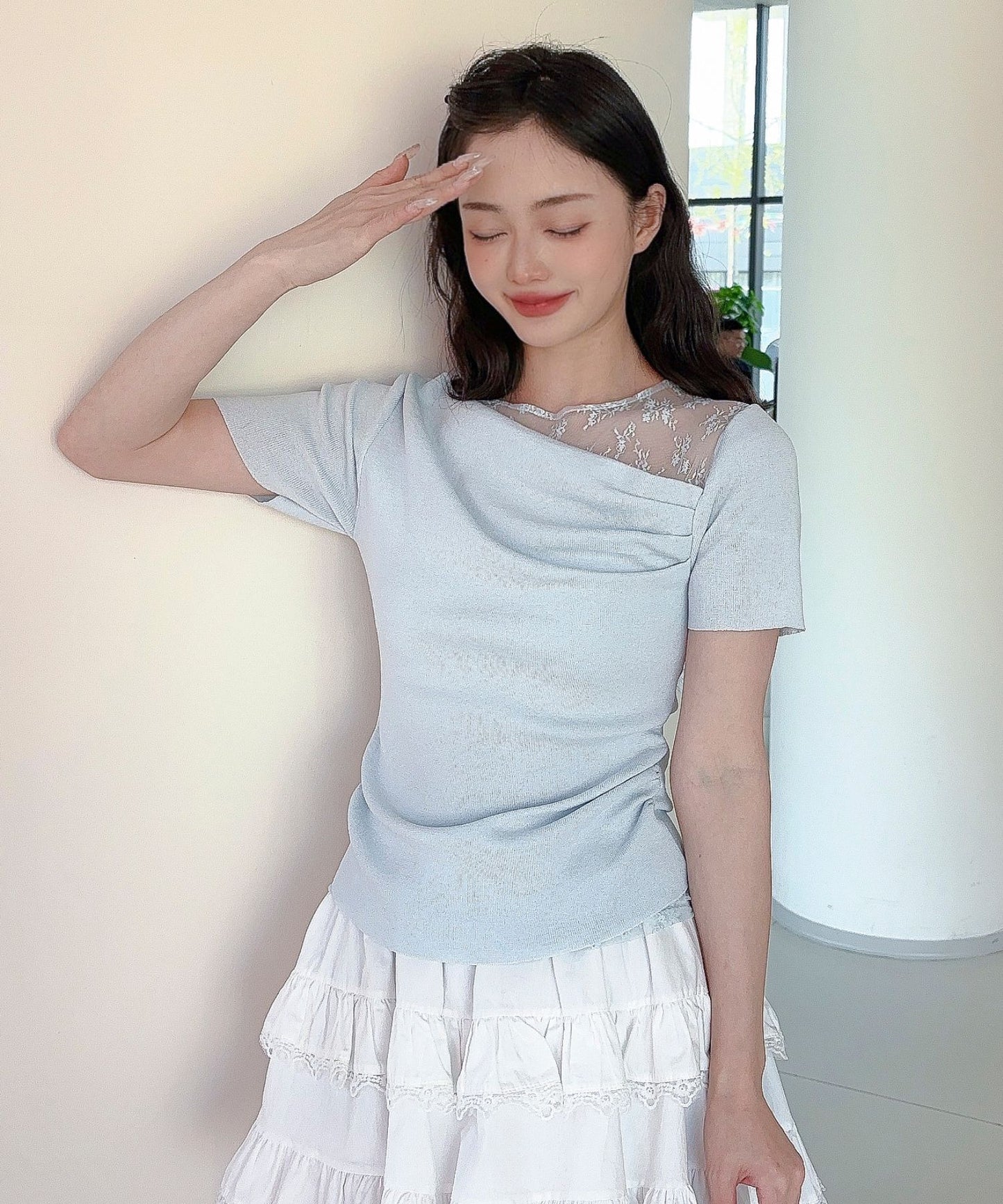 【Jasmine】レース切り替えアシメトリーデザインTシャツ