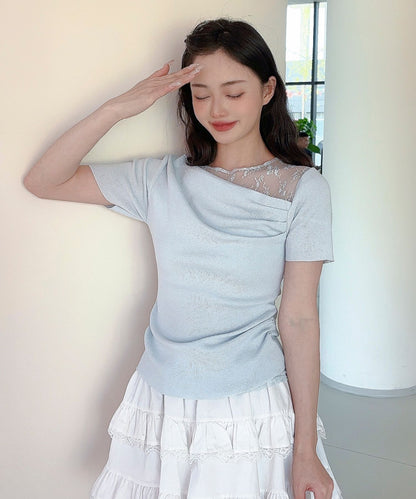 【Jasmine】レース切り替えアシメトリーデザインTシャツ