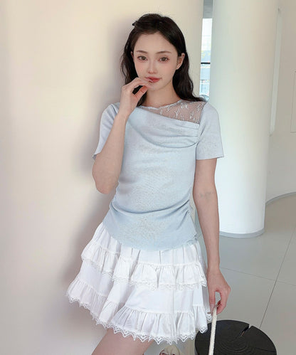 【Jasmine】レース切り替えアシメトリーデザインTシャツ