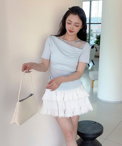 【Jasmine】レース切り替えアシメトリーデザインTシャツ
