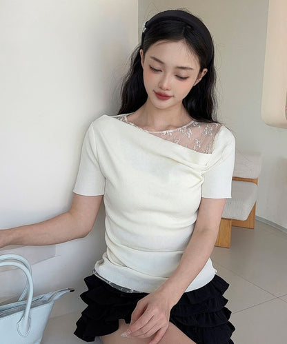【Jasmine】レース切り替えアシメトリーデザインTシャツ