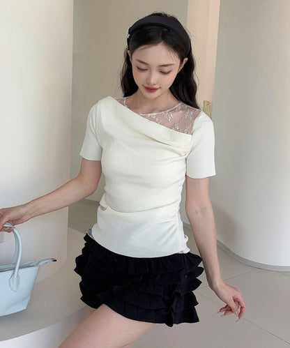 【Jasmine】レース切り替えアシメトリーデザインTシャツ