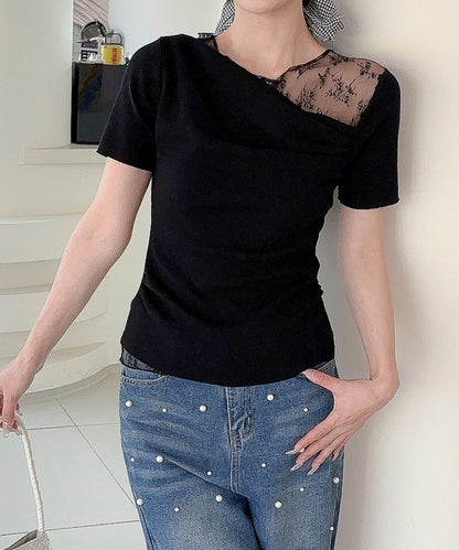 【Jasmine】レース切り替えアシメトリーデザインTシャツ