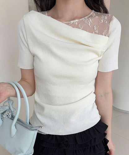 【Jasmine】レース切り替えアシメトリーデザインTシャツ