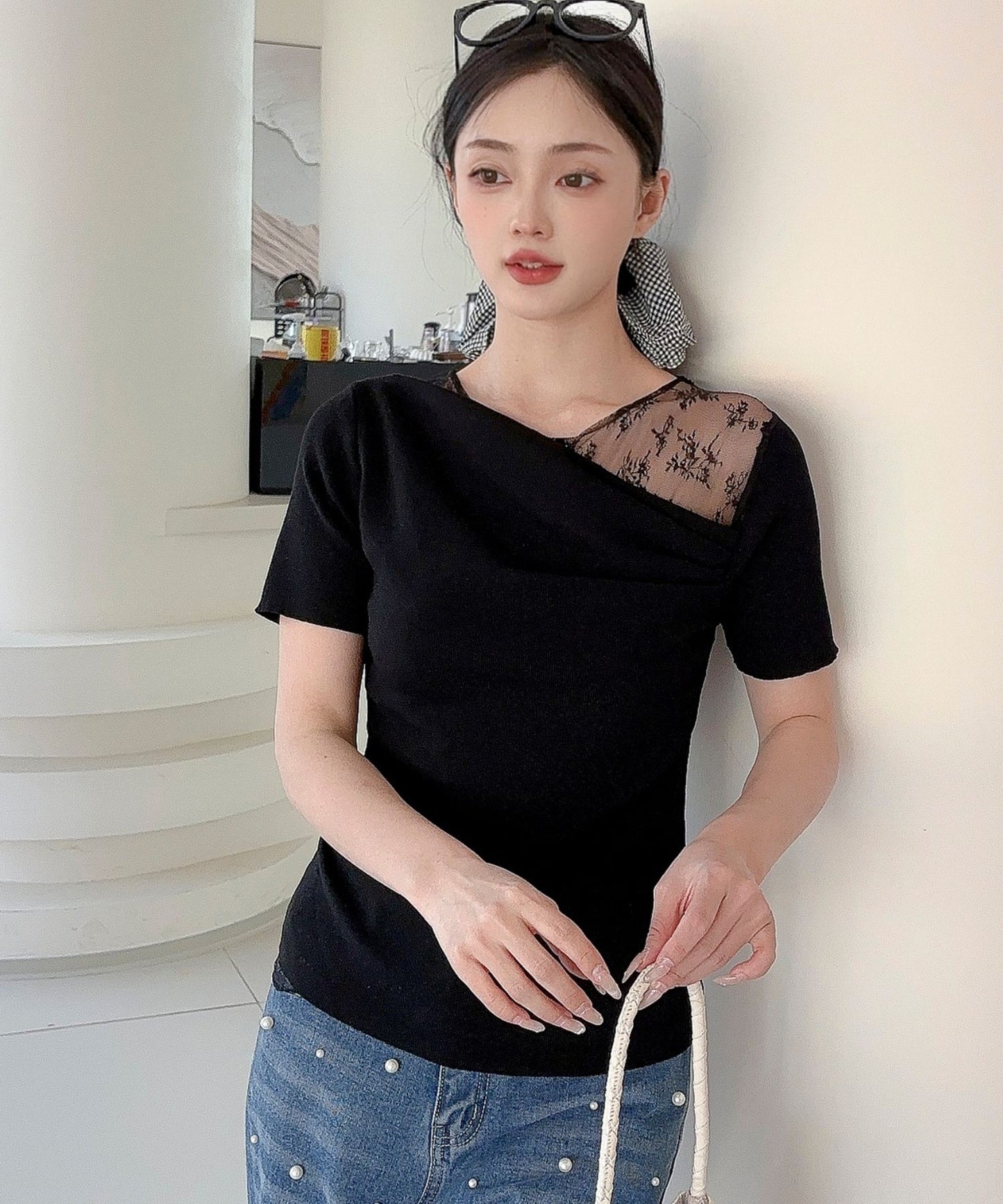 【Jasmine】レース切り替えアシメトリーデザインTシャツ