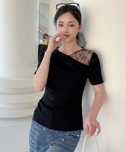 【Jasmine】レース切り替えアシメトリーデザインTシャツ