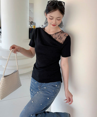 【Jasmine】レース切り替えアシメトリーデザインTシャツ