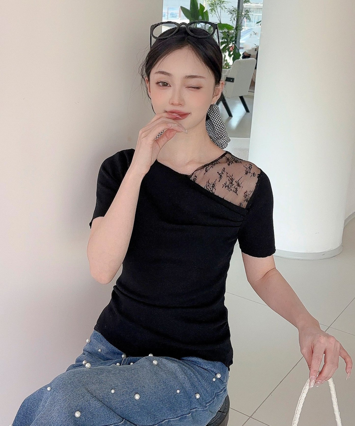 【Jasmine】レース切り替えアシメトリーデザインTシャツ