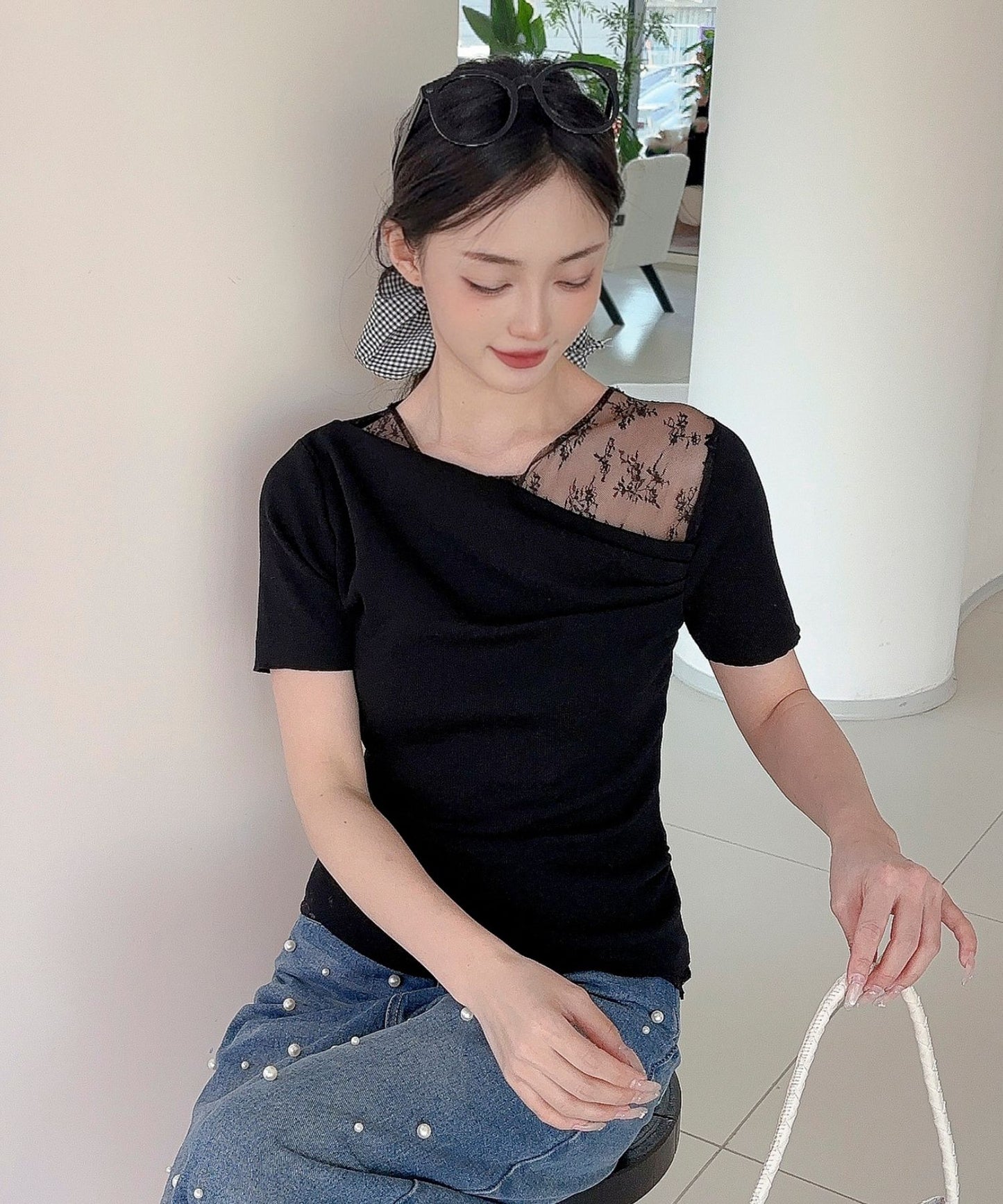 【Jasmine】レース切り替えアシメトリーデザインTシャツ