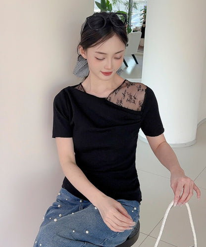 【Jasmine】レース切り替えアシメトリーデザインTシャツ