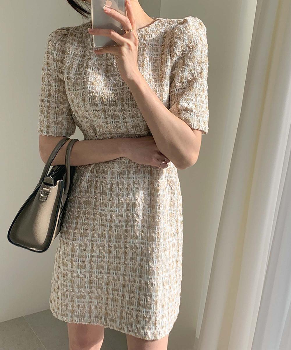 【Jasmine】ツイードフレアミニワンピース