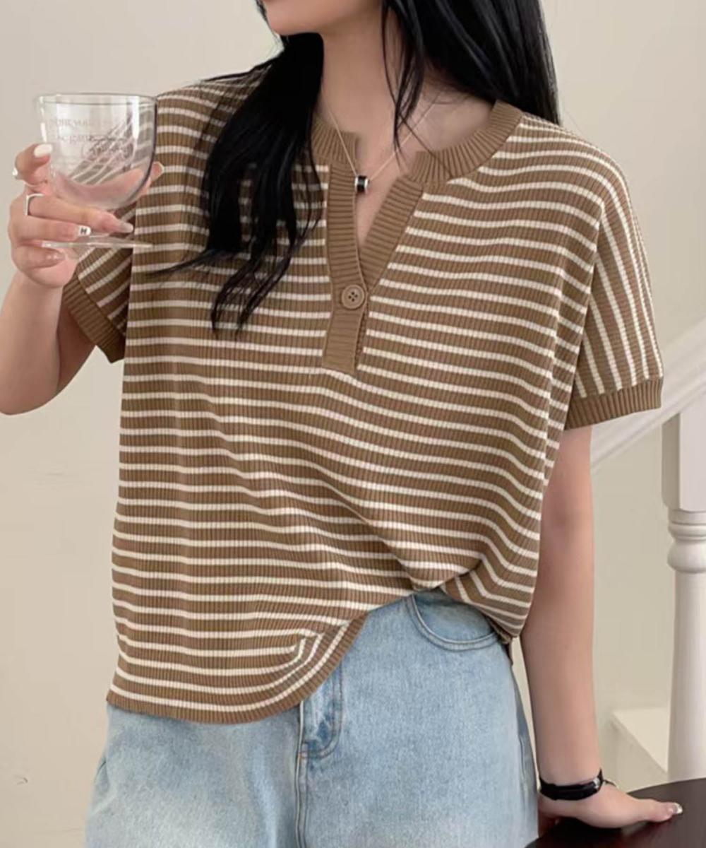 【aimoha】Yヘンリーネックボーダーリラックスプルオーバー