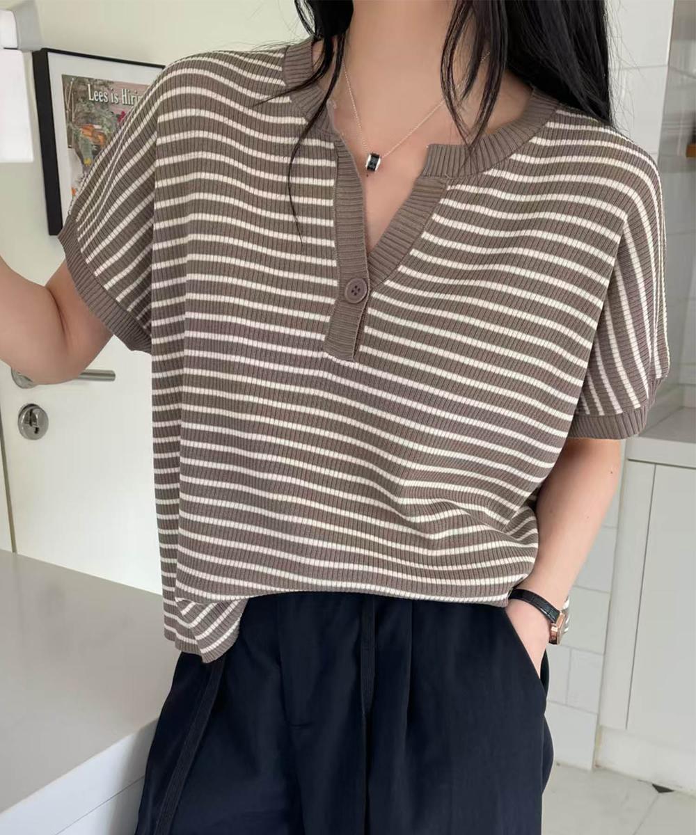 【aimoha】Yヘンリーネックボーダーリラックスプルオーバー