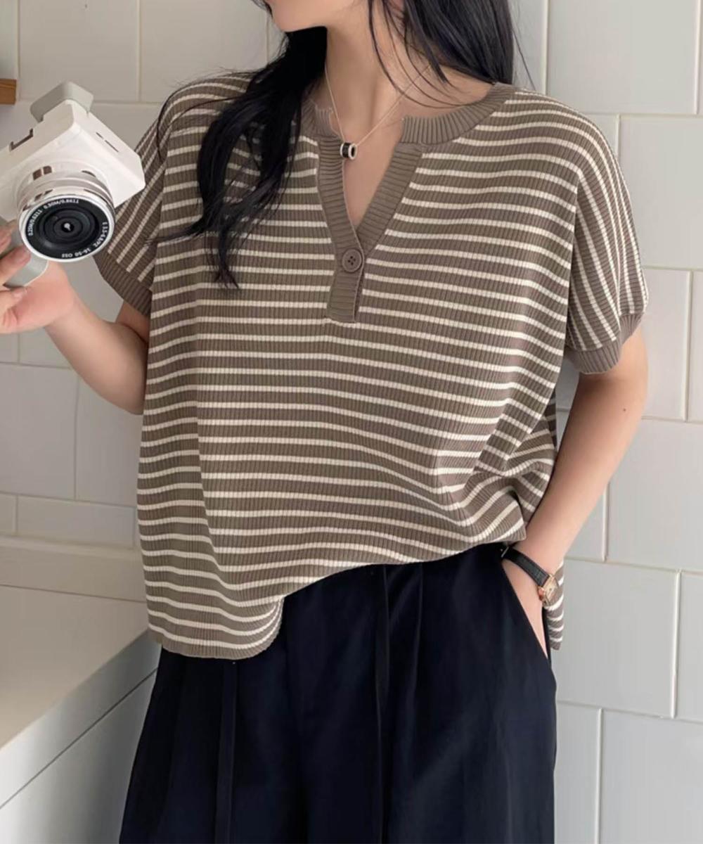 【aimoha】Yヘンリーネックボーダーリラックスプルオーバー