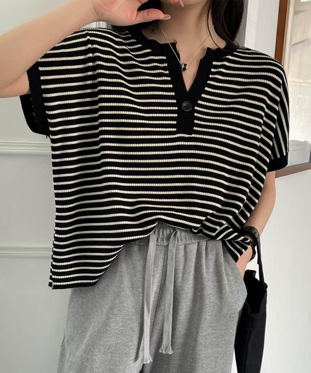 【aimoha】Yヘンリーネックボーダーリラックスプルオーバー