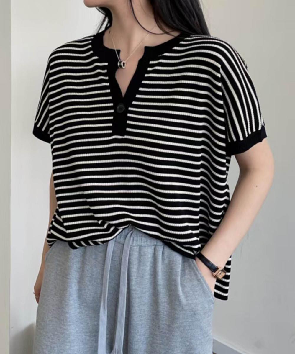 【aimoha】Yヘンリーネックボーダーリラックスプルオーバー