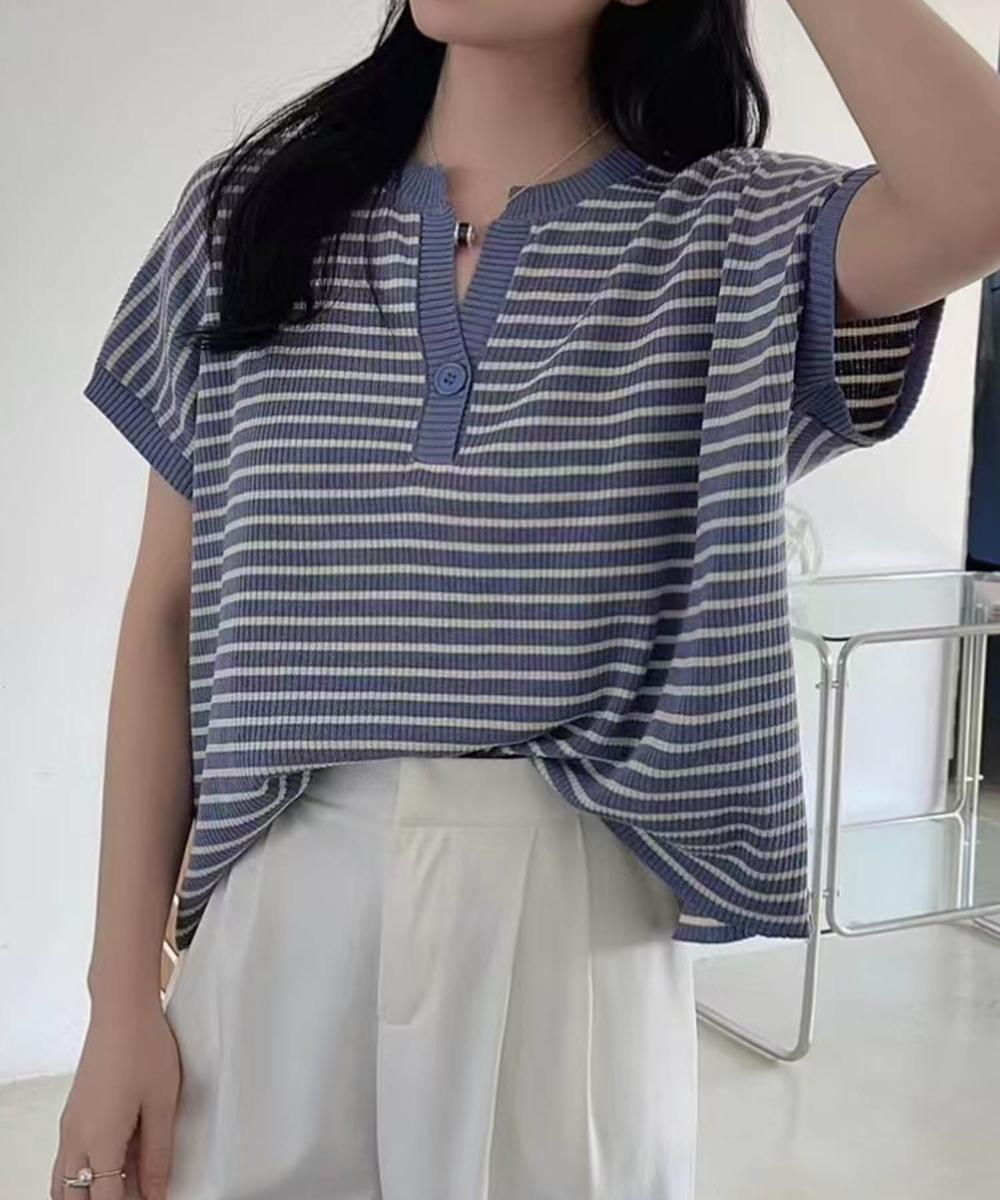 【aimoha】Yヘンリーネックボーダーリラックスプルオーバー