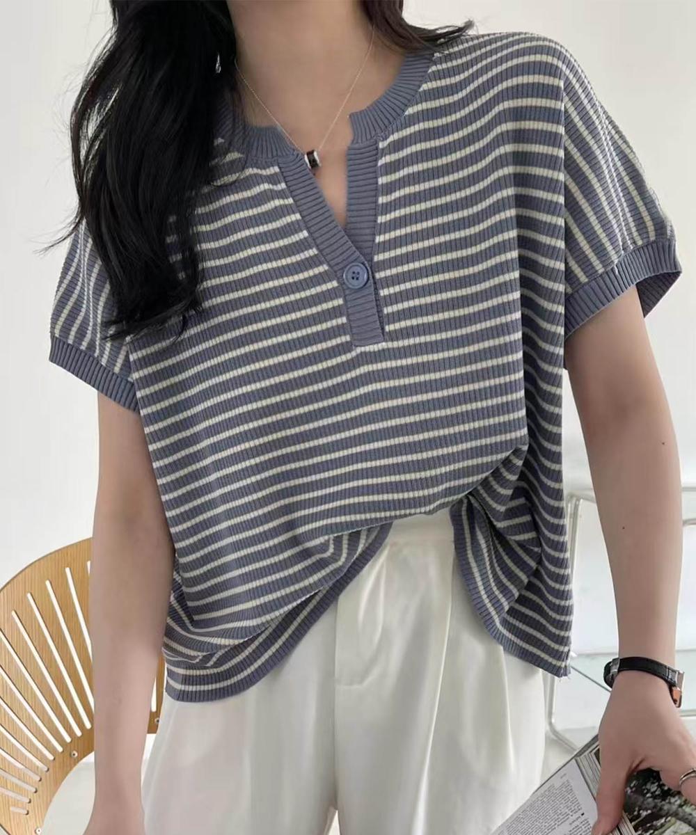 【aimoha】Yヘンリーネックボーダーリラックスプルオーバー