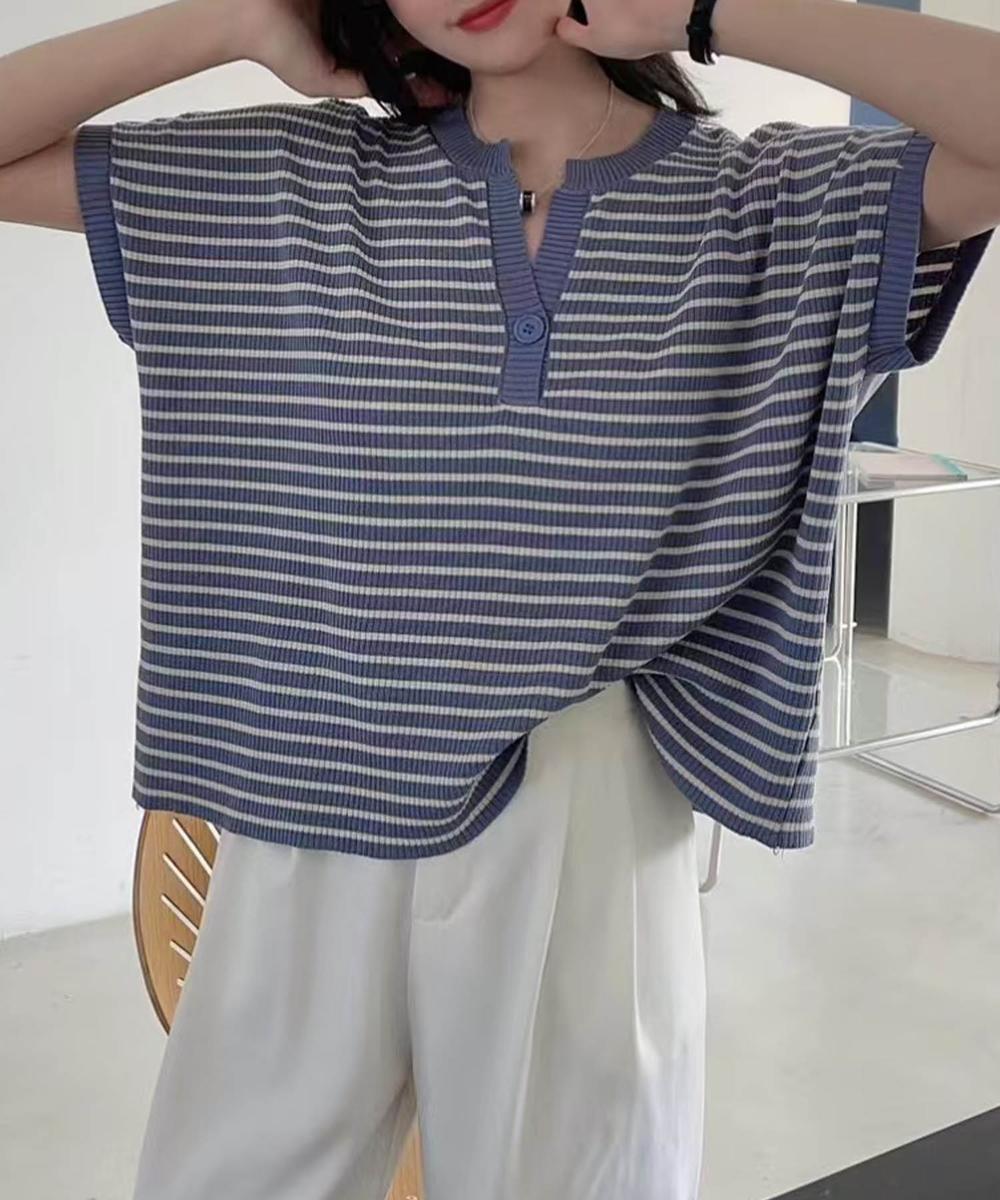 【aimoha】Yヘンリーネックボーダーリラックスプルオーバー