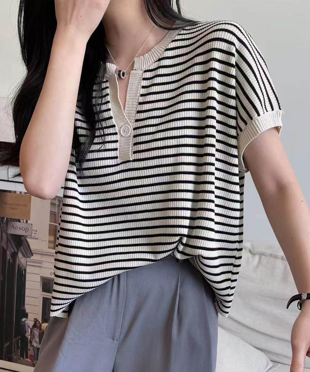 【aimoha】Yヘンリーネックボーダーリラックスプルオーバー