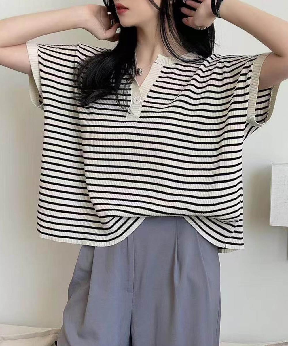 【aimoha】Yヘンリーネックボーダーリラックスプルオーバー