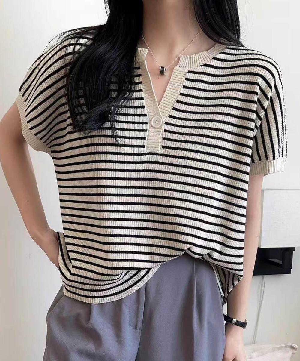 【aimoha】Yヘンリーネックボーダーリラックスプルオーバー