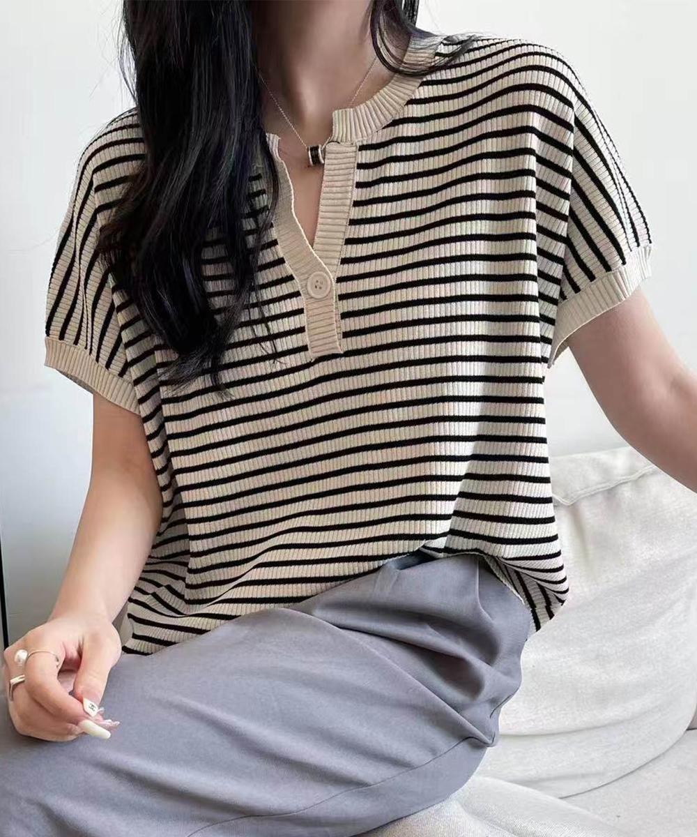 【aimoha】Yヘンリーネックボーダーリラックスプルオーバー