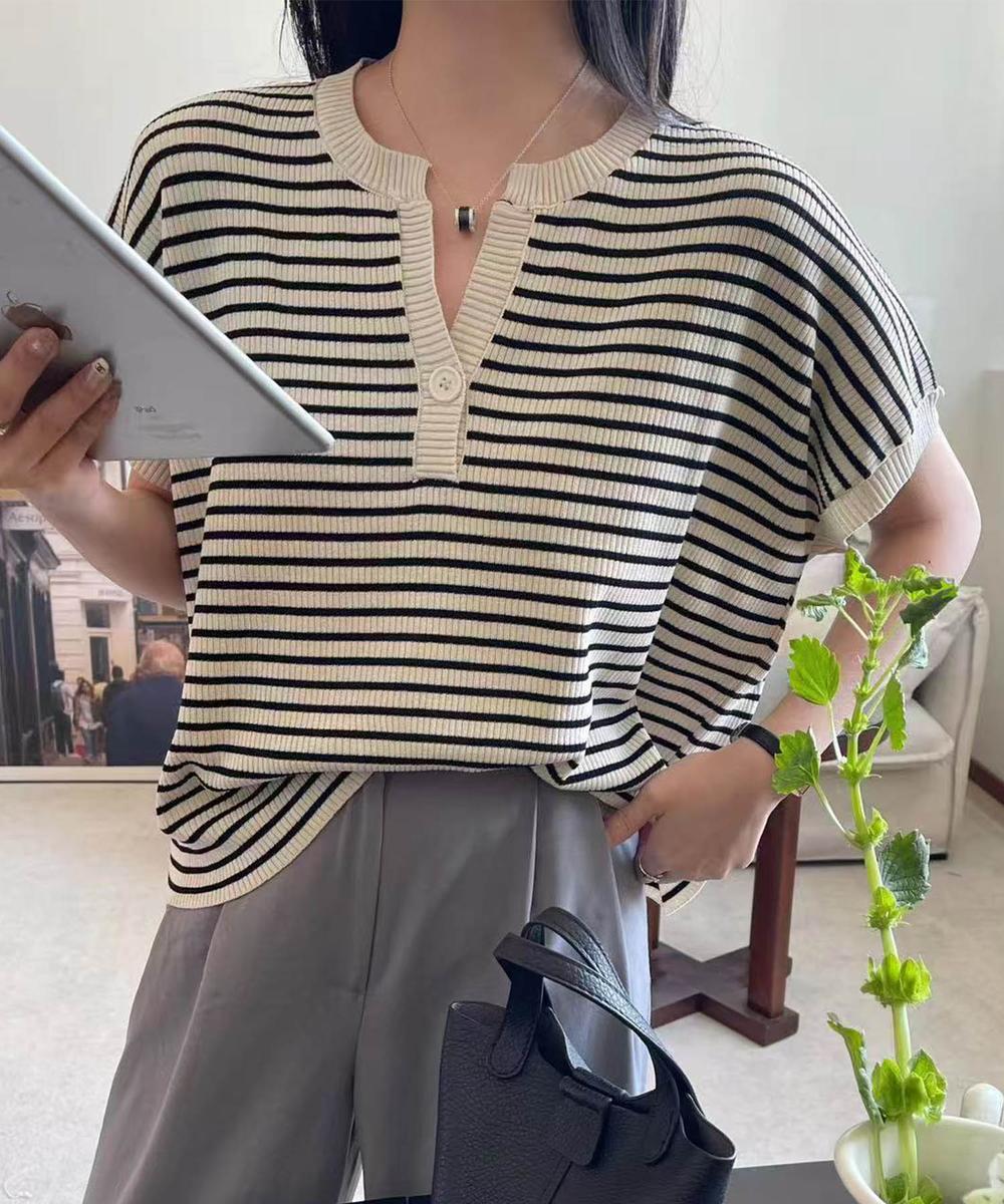 【aimoha】Yヘンリーネックボーダーリラックスプルオーバー